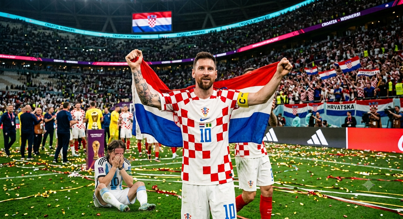 AI-generated image of Messi in a Croatia jersey celebrating while Luka Modric sits crying on the ground in an Argentina jersey